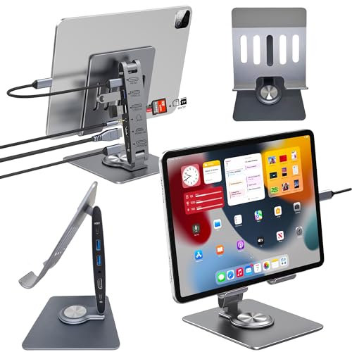 Soporte para Ipad, Hub USB Todo en Uno + Cable USB C Incluido - Adaptador Usb C Hdmi Tarjeta SD Audio - Accesorio para Tablet Táctil - Elevador para Ordenador de hasta 13 pulgadas