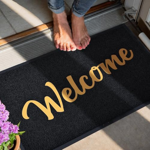 Amshem Front Door Mat Outdoor Indoor Entrance, Waterproof Quick Dry All-Season, All-Weather Doormat, Durable Natural Rubber, Low Profile, Easy Clean Patio Porch Entryway Mat, 30x17, Black Gold