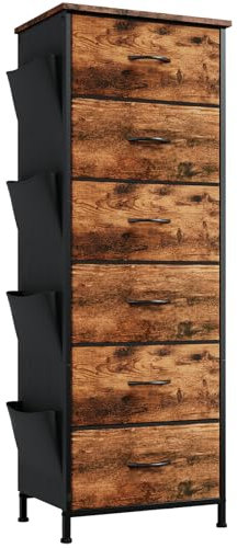 Somdot Kommode mit Seitentaschen, Sideboard mit 6 Schubladen aus Stoff, Schrank für Wohnzimmer Flur, Komodenschrank, Küchenschrank, Kleiderschrank, Schlafzimmerschrank, Holzmaserung