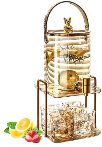 Getränkespender aus Glas,CEIEVER Eisgetränkeglas mit Zapfhahn aus Edelstahl und Ständer Wasserspender Glasbehälter für kalte Getränke mit 4 Gläsern Limonaden-Getränkespender für Partys (3000ML)