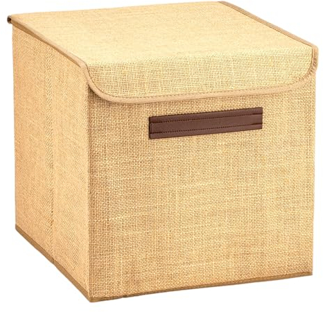 Muvax Aufbewahrungskorb mit Deckel aus Jute, Faltbarer Aufbewahrungswürfel, Aufbewahrungskorb mit Deckel, Aufbewahrungsbox mit Griff, Natürliche Textur, Schrank organizer, 30x30x30 cm (mit Deckel)