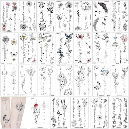 Rosymormor 16 Feuilles Tatouages Éphémères Branche de Fleur Femmes Filles, Faux Tatouages Papillon Noirs Imperméables pour Corps, Autocollants Tatouage pour Coachella Noël Halloween Festival Musique