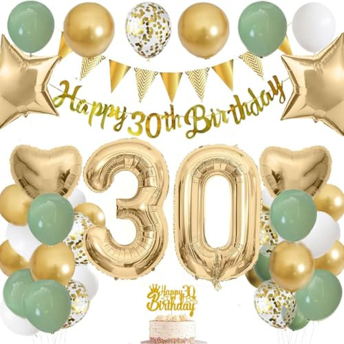 30th Birthday Decorations - Green and Gold Party Decorations for Women and Men with 30th Birthdays Banner, Cake Topper, 40 Inch Gold Number Balloons, and Green, White, Confetti Birthday Balloons