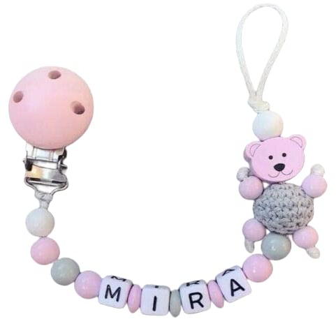 personalisierte Kette mit Namen für Mädchen Baby Geschenk personalisiert zur Geburt & Taufe Rosa Grau Teddy Bär