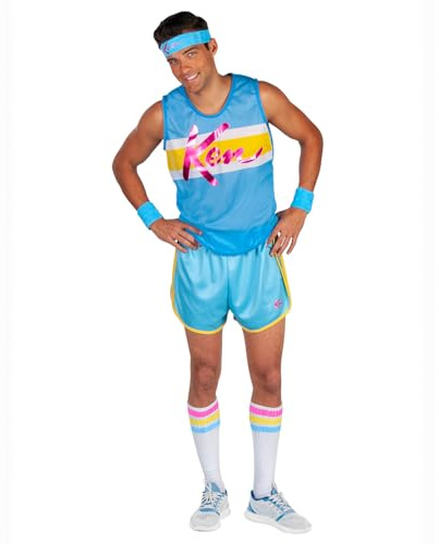 Bella Dox 80er Jahre Workout Kostüm für Herren Aerobic Instructor Fitness Outfit & Zubehör Set Tank Top + Shorts + Stirnband + 2x Schweißbänder + Socken (XL)