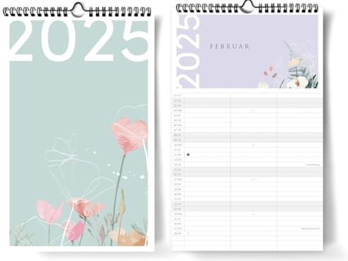 Familienkalender 2025 I 3 Spalten für Termine I KLEIN I Blumen I 20 x 32 cm I Monatskalender I Familienplaner I Familienkalender zum Aufhängen I Extraseiten I Frühlingshaft in hellem Grün