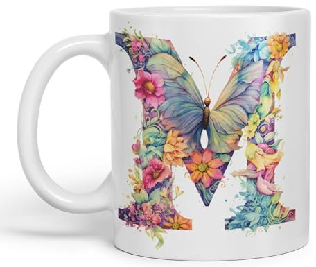 Vixar Letter M Mug, Floral Flowers Butterfly Alphabet Letter M Monogram Watercolour Ceramic Coloured Mug Cup for Tea Coffee Hot Brew 330ml 11Oz Gift (White)