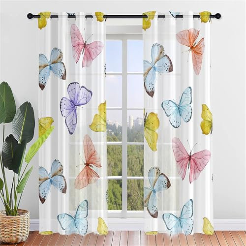 Odot Halbtransparente Vorhänge, 3D Schmetterling Muster Voile Vorhang mit Ösen 2er Set Gardinen Vorhang Ösenvorhang Fensterschal Moderne Vorhänge Fenster (140x160cm,Bunt Schmetterling)