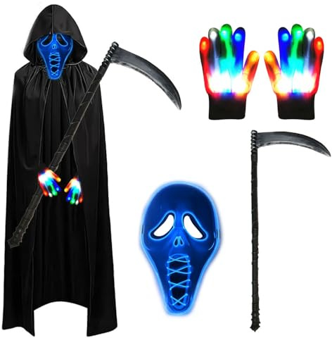 Shengou Halloween Sensenmann Kostüm Set,Halloween Kostüm,Sensenmann Kostüm Erwachsene,Leuchtende Maske Set mit Sensemann Umhang und Sense und Glow Handschuhe für Party Karneval Cosplay