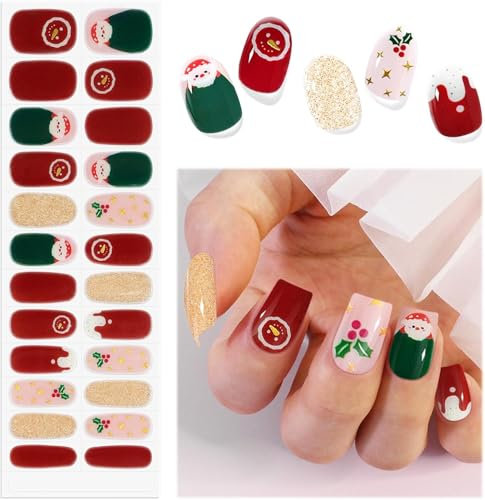 EBANKU Christmas Semi Cured Gel Nail Strips, 24PCS Christmas Gel Nail Stickers - Long Lasting & Easy to Apply & Remove for Salon Quality Manicure | Red, Green Glitter
