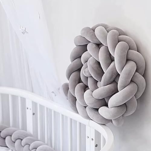 Bettschlange Geflochten, Baby, Babybett Umrandungen, Kantenschutz Bettumrandung Knotenkissen, Seitenschläferkissen, Baumwolle Schlafkissen Kissen,Grau,200cm