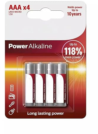 Philips LR03P4B/10 1.5V AAA Alkaline Batteries, Pack of 4, Ideal for devices requiring reliable and long-lasting power.