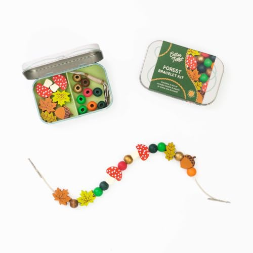 COTTON TWIST Plastic Free Wooden Forest Bracelet Gift Kit, Ages 3+ | Includes elastic with hard ends to aid beading, packed inside a reusable keepsake tin to store trinkets and charms.