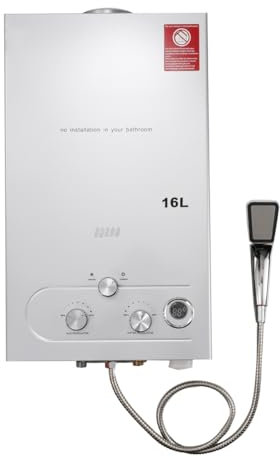 TABODD 36KW 18L Gas Durchlauferhitzer LPG Warmwasserbereiter, Temperatur kann 35-55 ℃ Outdoor Propan-Durchlauferhitzer mit Digitalanzeige und Duschset für Campingausflüge Bootshaus Wohnmobil, Silber