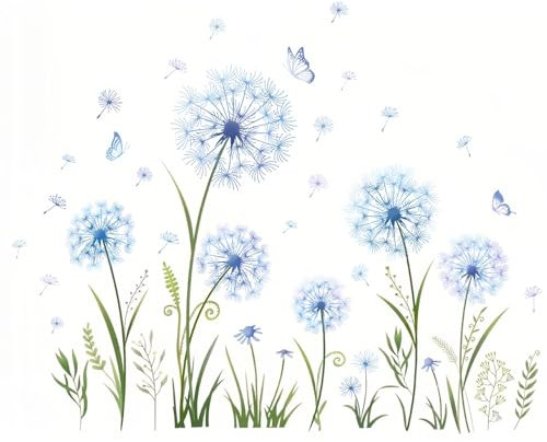 TenaLucy Blau Löwenzahn Fensteraufkleber,Blau Löwenzahn Wandaufkleber Wandtattoo Pusteblume Pflanzen Schmetterling Wandsticker Bumen Fensterbilder Vogelschutz Aufkleber,PVC Selbstklebende,Länge 90cm