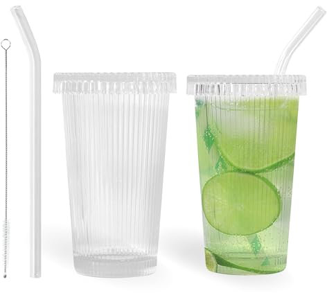 AGH life 4PCS 375ML Ribbed Glass Cups with Lids and Straws, Iced Coffee Cup Set, Clear Drinking Glasses, Glass Water Tumber for Coffee, Milk, Yoghurt, Juice, Soda (Ribbed-Glass Lid, 2 PCS)