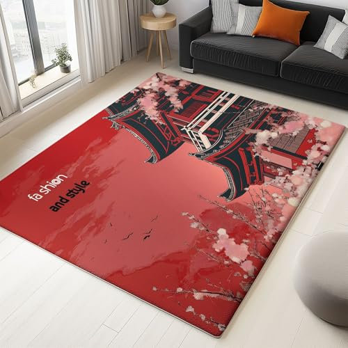 Teppich Schlafraum Rot bedruckter rechteckiger Wohnzimmer Asiatische Architektur traditionell Teppich aus Vliesstoff esszimmer waschbare180 x 250 cm