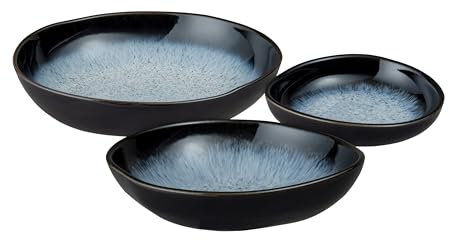 Denby - Halo Organic Dish Set of 3 - Large, Medium & Small Dishes - Organic Shape Reactive Glaze Serving Dish - Black, Grey, White Ceramic Glazed Oven Safe, Dishwasher Safe, Microwave Safe