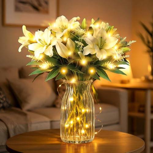 Ximoryn Artificial Lily and Eucalyptus Arrangement with LED light Glass Vase, Faux Floral Centrepiece for Home, Office, Wedding