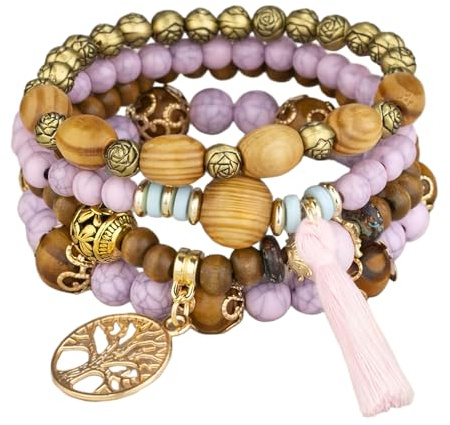 Sternstunde 4 Stück Boho Armbänder Damen, Chakra Armband für Frauen, Schmuck Boho Armreifen mit Holzperlen und Quaste, Chakra Armband, Lebensbaum-Charm, Liebe, Statement-Armreifen (J)