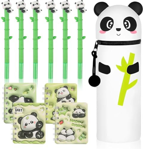 KDFSSIPE Panda Enfant Cadeau Anniversaire, 11Pcs Panda Thème Party, Trousse à Crayons en Silicone, Bloc-Notes en Spirale, Stylo Neutre Dessin Animé, pour Garçons et Filles Invités à Une Fête