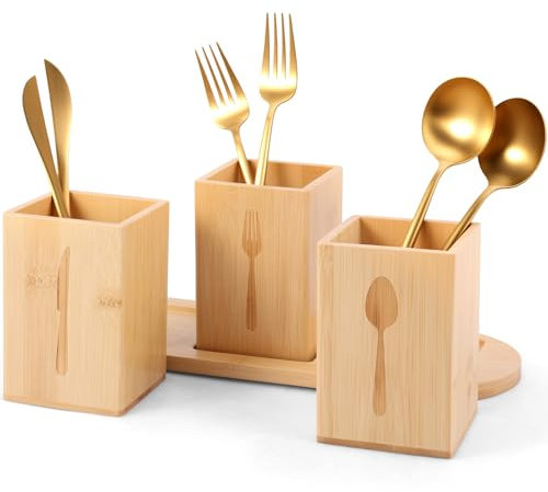 LuLobtg Wooden Cutlery Rack, 3 Compartments Utensil Caddy with Wood Trays, Silverware Storage Holder Countertop, Kitchen Cutlery Organiser Container for Knife, Fork and Spoon(Light Brown)