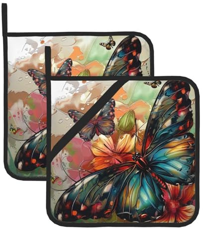 Set di 2 presine resistenti al calore, con stampa artistica di fiori e farfalle, presine da forno per cucina e cottura all'aperto