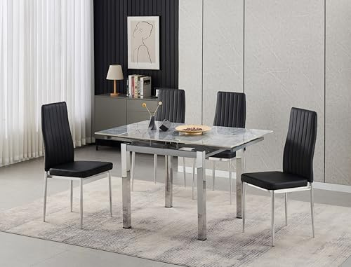 Furnizone UK Piccolo Grey Sintered Stone Extending Dining Table with 4 Monza Faux Leather Chairs Dining Set (Black)