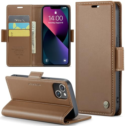 Rerzoiro Handyhülle für iPhone 14 Hülle, Premium PU Lederhülle Klappbar Flip Case [RFID Blocker] Tasche Magnet Kartenfach Klapphülle Schutzhülle für iPhone 14, Braun