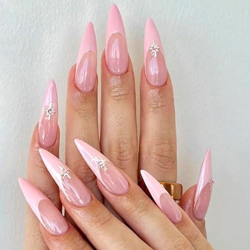 Shimmerz 24 Pieces Long Stiletto Sticker Nails French Tip Pink Star Design False Nails Full Cover