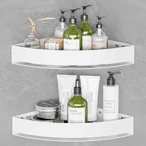 Wisfame Set 2 Mensola Doccia Angolare Bianche in Alluminio, Antiruggine Porta Shampoo doccia Senza Foratura, Mensole Adesive da muro per Bagno, Portata 8KG per Livello