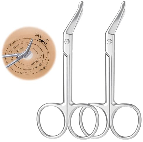 Stomaschere, kleine Verbandschere, Edelstahl, gebogene Schere für Stomaversorgung, Kolostomie, Ileostomie, 11,1 x 5,1 cm, Silber, 2 Stück