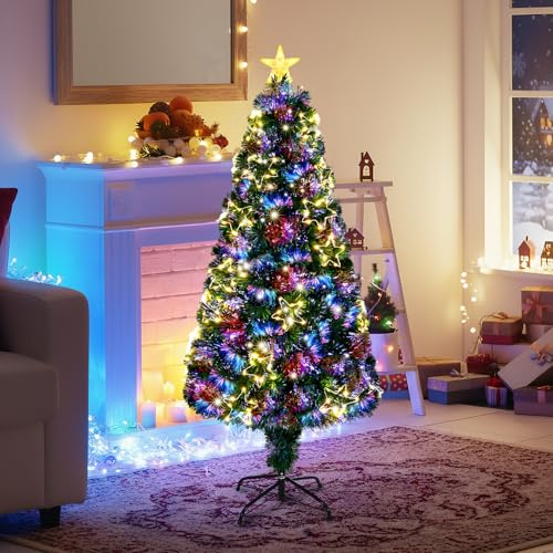Bonnlo 4ft Fibre Optic Christmas Tree with Multicolor Lights, Yellow Star Ornaments & Star Topper, Pre Lit Christmas Tree for Holiday Decorations