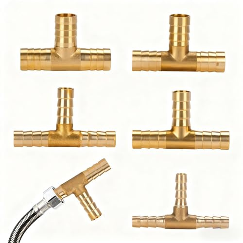Aihoom 5 pcs T Raccord Tuyau en Laiton, Connecteur Barbelé, Té de Tuyau 6/8/10/12/14 mm, Raccords Pneumatiques, Résistant à la Corrosion, Raccords de Tuyaux d'Arrosage, pour Air, Eau, Gaz, Carburant