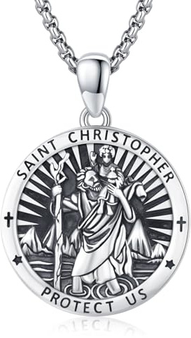 CRWENG Heiliger Christophorus Halskette für Herren Damen, 925 Sterling Silber Sankt Christophorus Medaille Reiseschutz Fahrer Schutzamulett, Katholischer Schmuck für Männer Frauen Geschenk