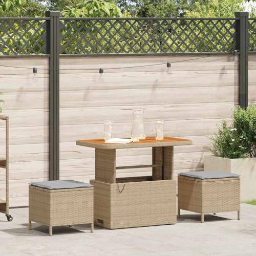 Owoxanthellate Gartenmöbel Essgruppe Beige 100 x 100 cm Poly-Rattan Tisch & 2 Hocker mit Akazienholz und wetterfester Lounge Optik für Terrasse Balkon und Outdoor Sitzecke