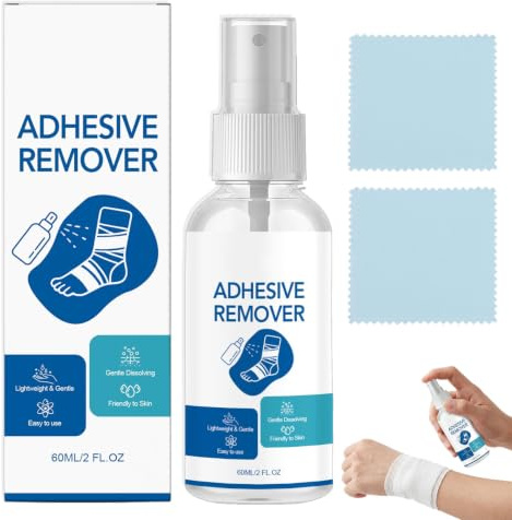 60ml Eliminador Adhesivo Spray, Eficaz Y Suave Para La Piel Disolvente Pegamento, Para Disolver Rápidamente Los Residuos Adhesivos, Para Pieles Delicadas, Incluye 2 Toallas 6X8cm