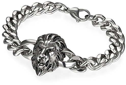 Flongo Edelstahl Armband Armreif Link Handgelenk Panzerkette Kette Silber Löwe Kopf Löwenkopf Motorradfahrer Biker Rock Rocker Herren Accessoires