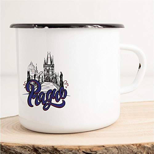 Huuraa Emaille Tasse Prague Geschenk Kaffeebecher Vintage 300ml Prague Geschenkidee