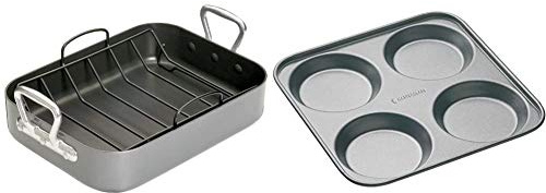 MasterClass Teflon Non Stick Roasting Tin with Rack, Carbon Steel, Grey, 36 x 27 x 7.5 cm + Non-Stick 4-Hole Yorkshire Pudding Tray, 24 cm