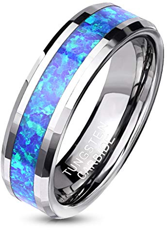 Paula & Fritz® Ring Damen Wolframcarbid Opal - Inlay Gr. 57 (18,1) Silber-Blau 6-mm Breit Herren-Ring Damenring Partnerring Bandring Verlobungsring