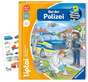 tiptoi Ravensburger Buch ab 4 Jahre | Wieso? Weshalb? Warum? Bei der Polizei + Fahrzeug-Kinder Sticker