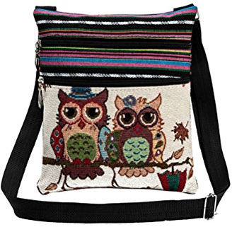 Leinen-Tasche mit Reißverschluss, Eulen-, Bohemian-Stil, Umhängetasche für Damen, Einkaufstasche (21 x 1 x 23.5CM)