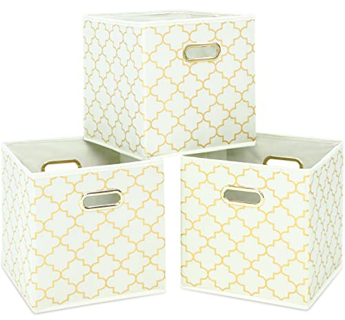 SEVENDOME Fabric Cloth Storage Bins,Fabric Cube Organizer with Dual Handles Foldable Cube Storage Baskets for Home Bedroom Storage,Set of 3,(Creamy-White Gold)