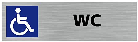 Pictogramme WC HANDICAPE (Q0394). Signalisation Porte - 170 X 50 mm - Autocollant souple ou plaque alu brossé 2mm. - Adhésif aspect aluminium brossé - Adhésif aspect aluminium brossé -