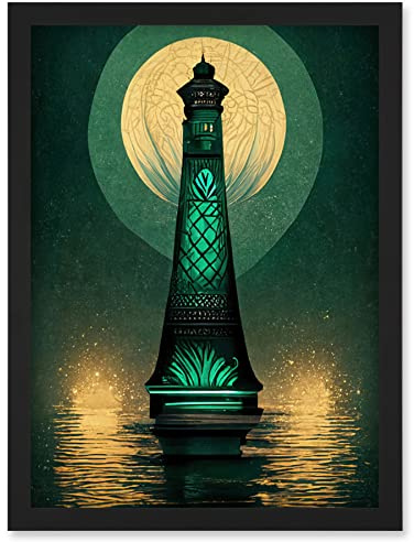 Doppelganger33 LTD Art Deco Lighthouse Great Gatsby Moonlight Emerald Artwork Framed Wall Art Print A4