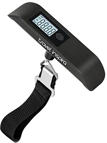 travel inspira Kofferwaage für Reisen 50kg Max Digital mit Haken Schwarz | Tara Hold kg/lb Umschaltbar Überlastschutz Auto-Abschaltung 50g Genau CR2032 Batterie Leicht & Tragbar Reise-Gadgets Flugzeug