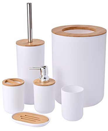 Yorkmills Bamboo Bathroom Accessories, 6 Pieces White Bathroom Accessory set, Bathroom Bin Toilet Brush Set, Durable Toothbrush Holder Cup, Soap Dispenser With Pump, Soap Dish Holder, Modern Trash Can
