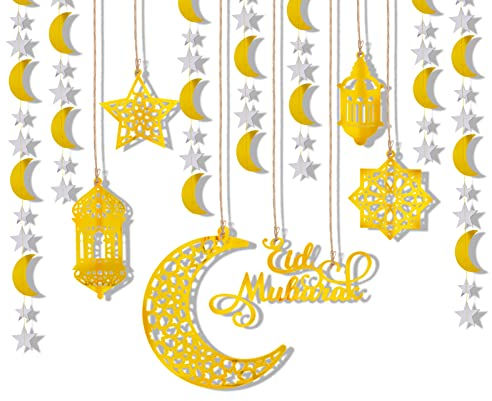 DPKOW Halbmond Stern Mond Hängedeko Weißes Gold Ramadan Eid Mubarak Luftschlangen Deckenhänger Stern Mond Banner Girlanden für Islamische Eid al-Fitr Heim Zimmer Deko Ornament Eid