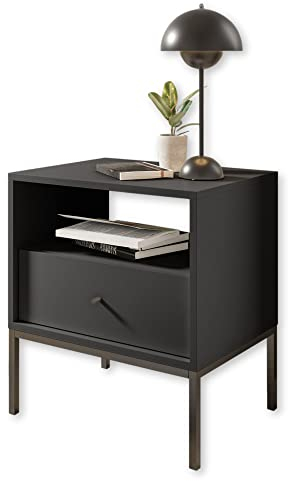 Stella Trading Nachttisch mit Metallgestell, Graphit - Moderner Nachtschrank mit Schublade und offenem Ablagefach - 54 x 57 x 39 cm (B/H/T)